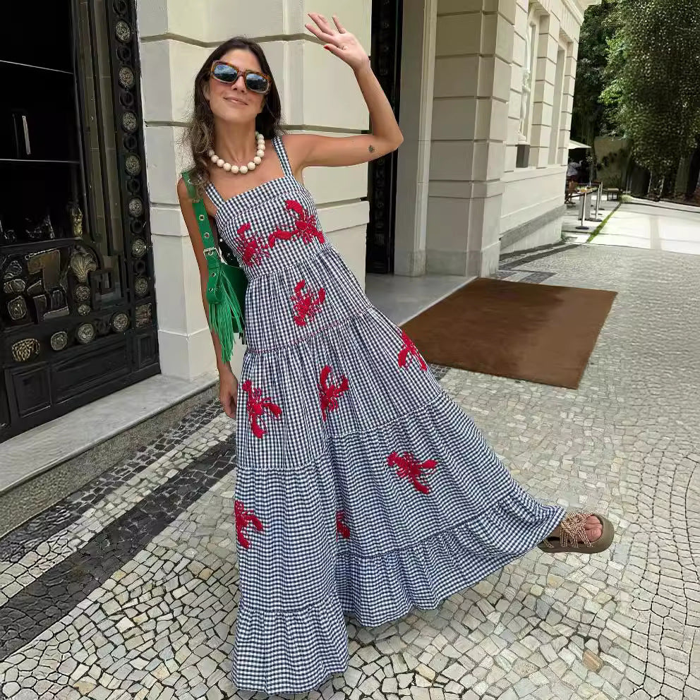 2024 cross-border women's clothing Amazon's new embroidered pleated pendulum suspender dress beach vacation long skirt